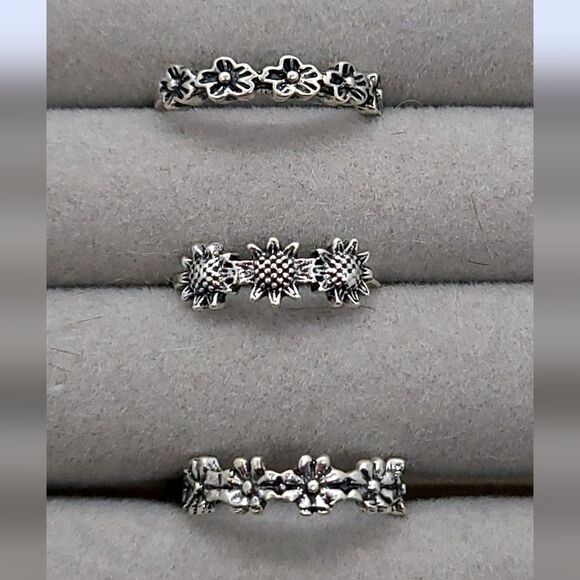 3 pc Set Stackable Gypsy Boho Knuckle Rings Sunflower Floral Silver Zinc Alloy - Picture 5 of 6